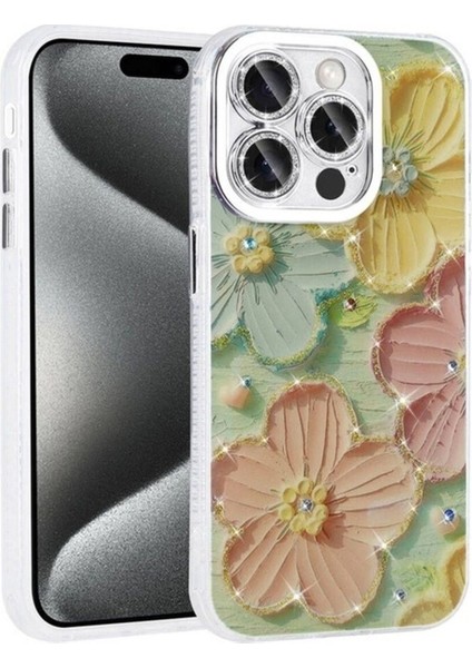 Apple iPhone 14 Pro Max Uyumlu Kılıf Çiçek Desenli Parlak Taşlı Sert Silikon Zore Garden Kapak, Colorful