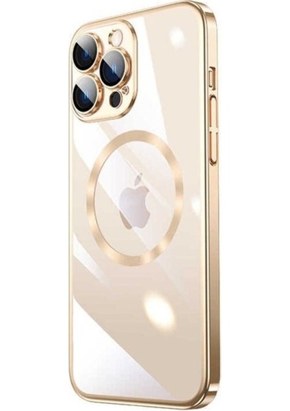 Apple iPhone 14 Pro Uyumlu Kılıf Wireless Şarj Özellikli Sert Pc Zore Riksos Magsafe Kapak, Gold