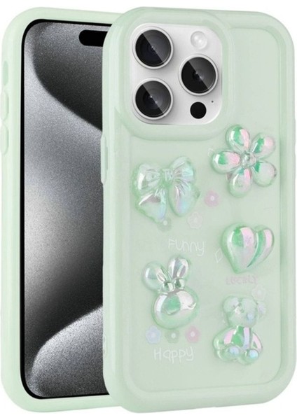Apple iPhone 14 Pro Uyumlu Kılıf Kabartma Figürlü Parlak Zore Toys Silikon Kapak, Açık Yeşil