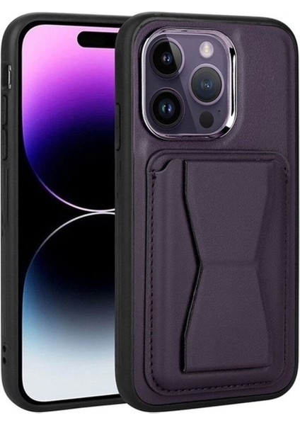 Apple iPhone 14 Pro Uyumlu Kılıf Kartlıklı Standlı Pu Deri Zore Memo Kapak, Koyu Mor