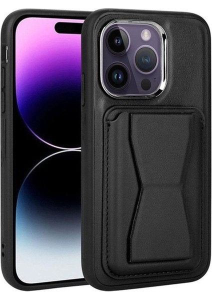 Apple iPhone 14 Pro Uyumlu Kılıf Kartlıklı Standlı Pu Deri Zore Memo Kapak, Siyah