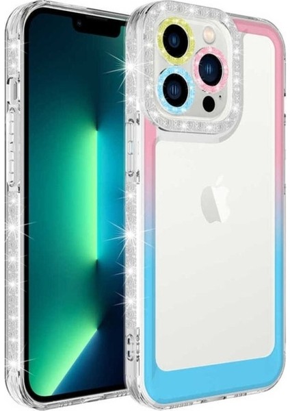 Apple iPhone 14 Pro Uyumlu Kılıf Simli ve Renk Geçiş Tasarımlı Lens Korumalı Zore Park Kapak, Pembe-Mavi