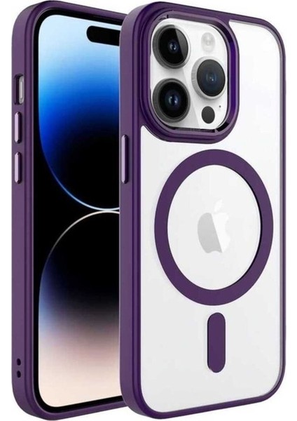 Apple iPhone 14 Pro Uyumlu Kılıf Wireless Şarj Özellikli Zore Krom Magsafe Silikon Kapak, Derin Mor