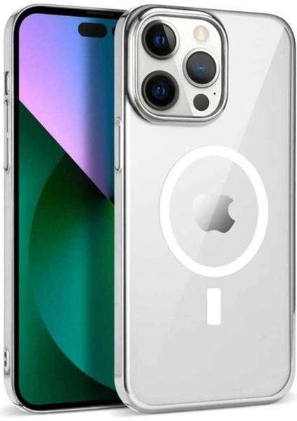 Apple iPhone 14 Pro Uyumlu Kılıf Zore Wireless Şarj Özellikli Pixel Magsafe Kapak, Gümüş