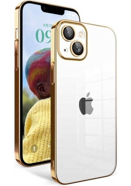Apple iPhone 14 Uyumlu Kılıf Kamera Korumalı Renkli Çerçeveli Zore Garaj Kapak, Gold