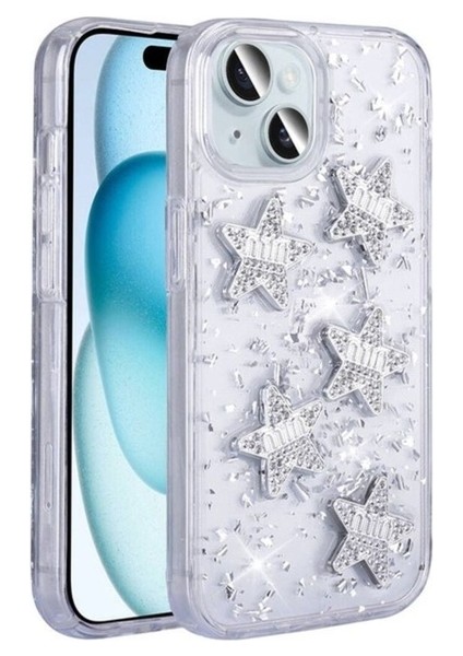 Apple iPhone 14 Uyumlu Kılıf Airbagli Simli Arka Yüzey Zore Işıltı Silikon Kapak, Beyaz-Yıldız