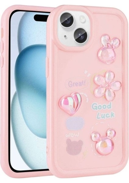 Apple iPhone 14 Uyumlu Kılıf Kabartma Figürlü Parlak Zore Toys Silikon Kapak, Pembe