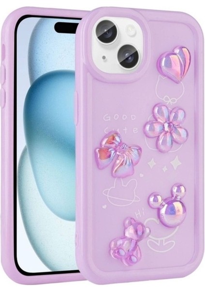 Apple iPhone 15 Plus Uyumlu Kılıf Kabartma Figürlü Parlak Zore Toys Silikon Kapak, Mor