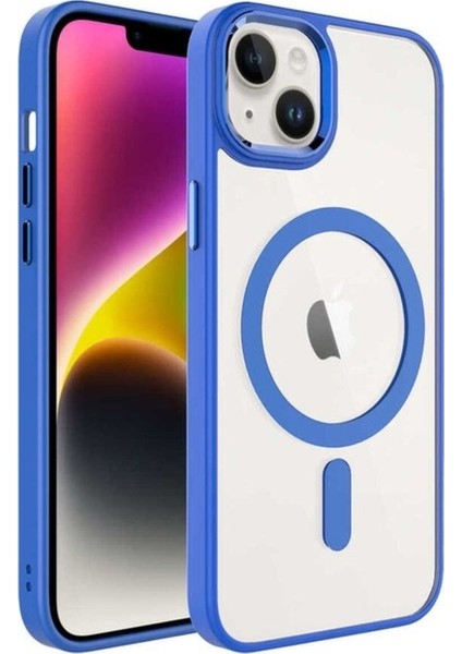 Apple iPhone 14 Uyumlu Kılıf Wireless Şarj Özellikli Zore Krom Magsafe Silikon Kapak, Mavi