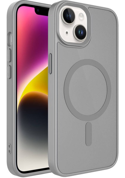 Apple iPhone 14 Uyumlu Kılıf Mat Arka Yüzey Wireless Şarj Özellikli Zore Flet Magsafe Kapak, Gri