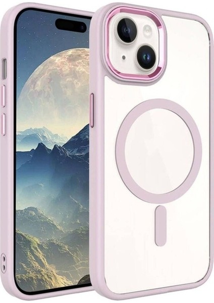 Apple iPhone 15 Plus Uyumlu Kılıf Wireless Şarj Özellikli Zore Krom Magsafe Silikon Kapak, Pembe Açık