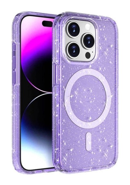 Apple iPhone 15 Pro Max Uyumlu Kılıf Magsafe Şarj Özellikli Parlayan Simli Saydam Renkli Zore Allstar Kapak, Mor
