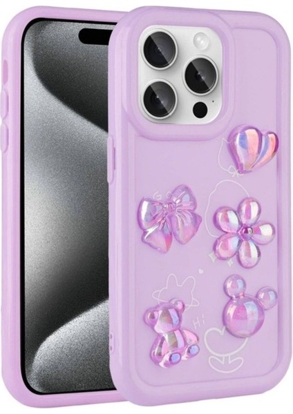 Apple iPhone 15 Pro Max Uyumlu Kılıf Kabartma Figürlü Parlak Zore Toys Silikon Kapak, Mor