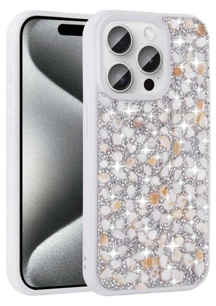 Apple iPhone 15 Pro Max Uyumlu Kılıf Parlak Taşlı Tasarım Zore Linea Kapak, Beyaz
