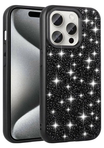 Apple iPhone 15 Pro Max Uyumlu Kılıf Parlak Taşlı Tasarım Zore Linea Kapak, Siyah