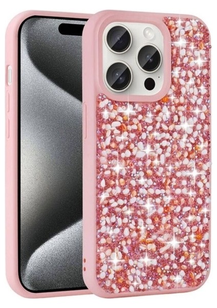 Apple iPhone 15 Pro Max Uyumlu Kılıf Parlak Taşlı Tasarım Zore Linea Kapak, Pembe