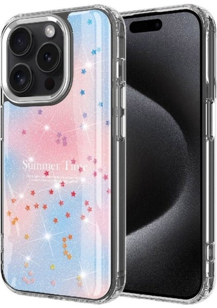 Apple iPhone 15 Pro Max Uyumlu Kılıf Simli Desenli Parlak Zore Task Kapak, Mavi