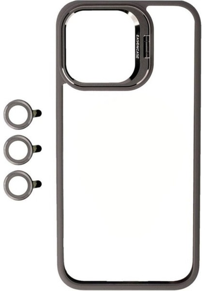 Apple iPhone 15 Pro Max Uyumlu Kılıf Kamera Lens Korumalı Standlı Zore Klon Lensli Kapak, Gri
