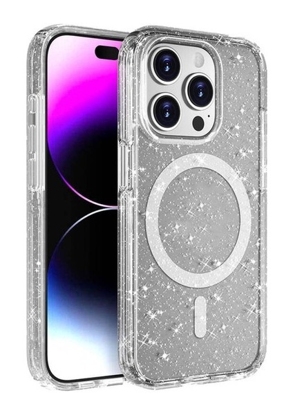 Apple iPhone 15 Pro Uyumlu Kılıf Magsafe Şarj Özellikli Parlayan Simli Saydam Renkli Zore Allstar Kapak, Şeffaf
