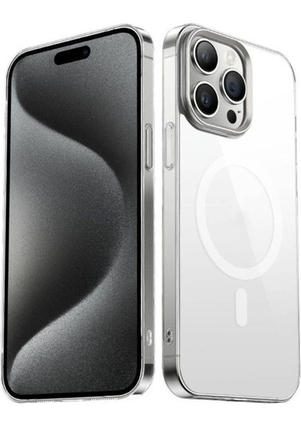 Apple iPhone 15 Pro Max Uyumlu Kılıf Zore Wireless Şarj Özellikli Şeffaf G-Glass Kapak, Gümüş
