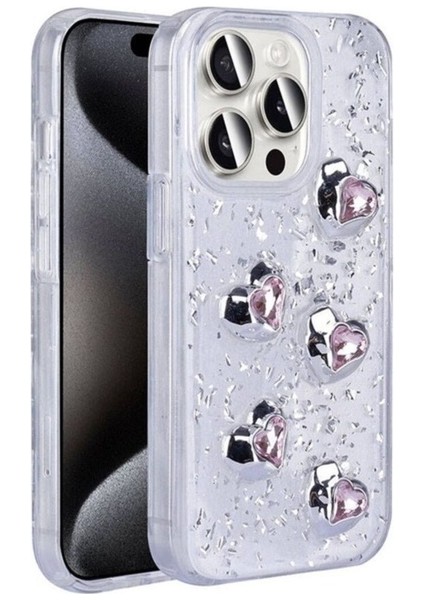 Apple iPhone 15 Pro Uyumlu Kılıf Airbagli Simli Arka Yüzey Zore Işıltı Silikon Kapak, Beyaz-Kalp