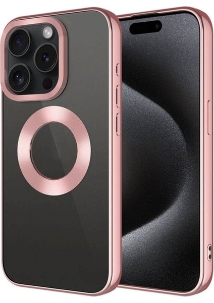 Apple iPhone 15 Pro Uyumlu Kılıf Tek Kamera Çerçeveli Logo Gösteren Zore Omega Kapak, Rose Gold