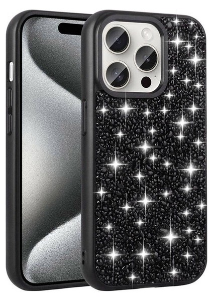 Apple iPhone 15 Pro Uyumlu Kılıf Parlak Taşlı Tasarım Zore Linea Diamond Kapak, Siyah