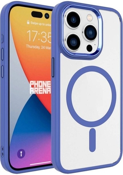 Apple iPhone 15 Pro Uyumlu Kılıf Wireless Şarj Özellikli Zore Krom Magsafe Silikon Kapak, Mavi