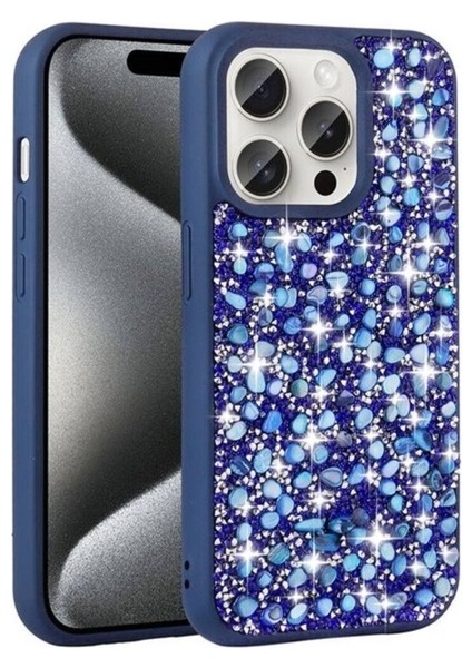 Apple iPhone 15 Pro Uyumlu Kılıf Parlak Taşlı Tasarım Zore Linea Kapak, Lacivert