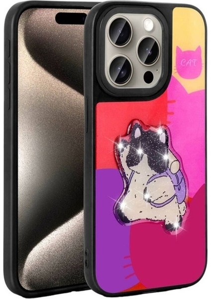 Apple iPhone 15 Pro Uyumlu Kılıf Parlayan Kabartmalı Ikonik Figürlü Zore Amas Silikon Kapak, Mor