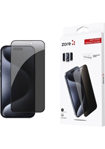 Apple iPhone 15 Pro Uyumlu Zore Anti-Dust Privacy Temperli Ekran Koruyucu