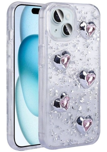 Apple iPhone 15 Uyumlu Kılıf Airbagli Simli Arka Yüzey Zore Işıltı Silikon Kapak, Beyaz-Kalp