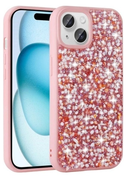 Apple iPhone 15 Uyumlu Kılıf Parlak Taşlı Tasarım Zore Linea Kapak, Pembe