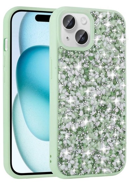 Apple iPhone 15 Uyumlu Kılıf Parlak Taşlı Tasarım Zore Linea Kapak, Açık Yeşil