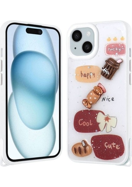 Apple iPhone 15 Uyumlu Kılıf Parlayan Simli Kabartma Figürlü Zore Cevze Kapak, Beyaz