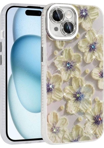 Apple iPhone 15 Uyumlu Kılıf Çiçek Desenli Parlak Taşlı Sert Silikon Zore Garden Kapak, Mavi