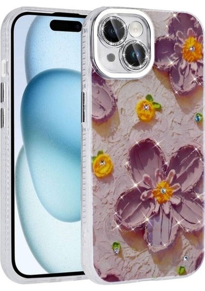 Apple iPhone 15 Uyumlu Kılıf Çiçek Desenli Parlak Taşlı Sert Silikon Zore Garden Kapak, Mor