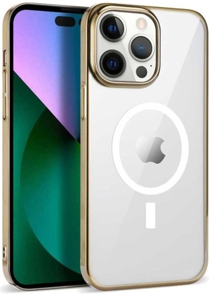 Apple iPhone 14 Pro Uyumlu Kılıf Zore Wireless Şarj Özellikli Pixel Magsafe Kapak, Gold