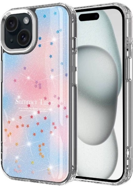 Apple iPhone 14 Uyumlu Kılıf Simli Desenli Parlak Zore Task Kapak, Mavi
