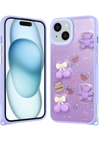 Apple iPhone 15 Plus Uyumlu Kılıf Parlayan Simli Kabartma Figürlü Zore Cevze Kapak, Mor Ayı