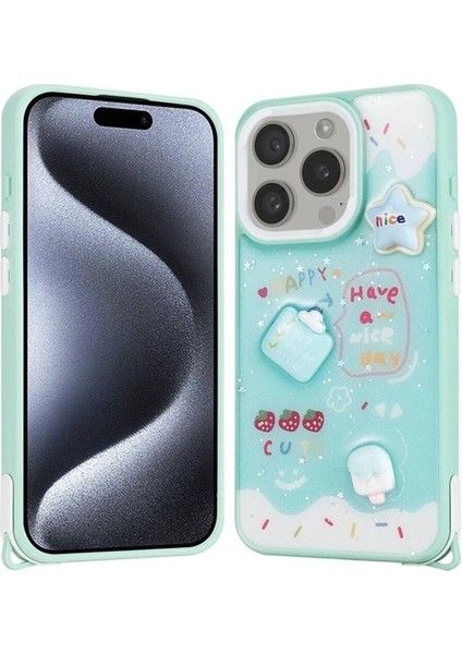 Apple iPhone 15 Pro Uyumlu Kılıf Parlayan Simli Kabartma Figürlü Zore Cevze Kapak, Yeşil