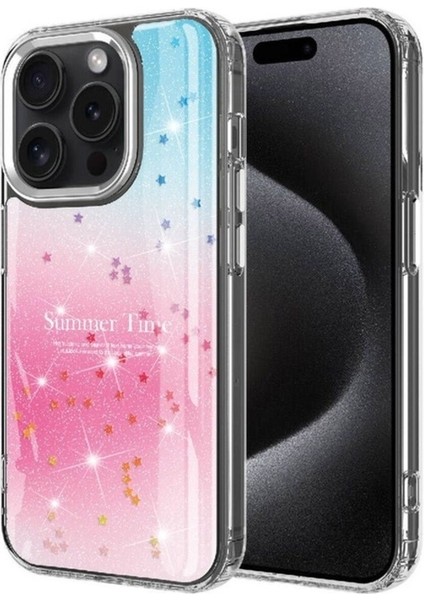 Apple iPhone 15 Pro Uyumlu Kılıf Simli Desenli Parlak Zore Task Kapak, Pembe