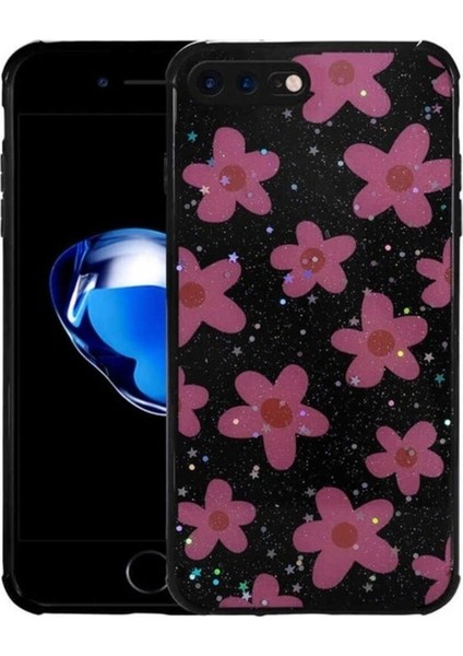 Apple iPhone 7 Plus Uyumlu Kılıf Simli Desenli Kamera Korumalı Parlak Zore Popy Kapak, Çiçek