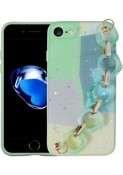 Apple iPhone 7 Uyumlu Kılıf Simli Desenli El Askılı Tutacaklı Zore Elsa Silikon Kapak, Yeşil