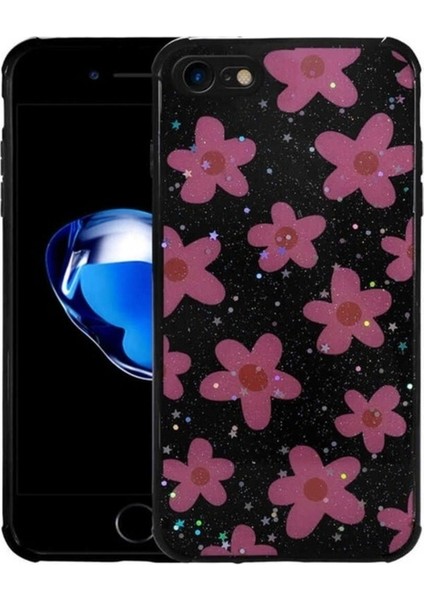 Apple iPhone 7 Uyumlu Kılıf Simli Desenli Kamera Korumalı Parlak Zore Popy Kapak, Çiçek
