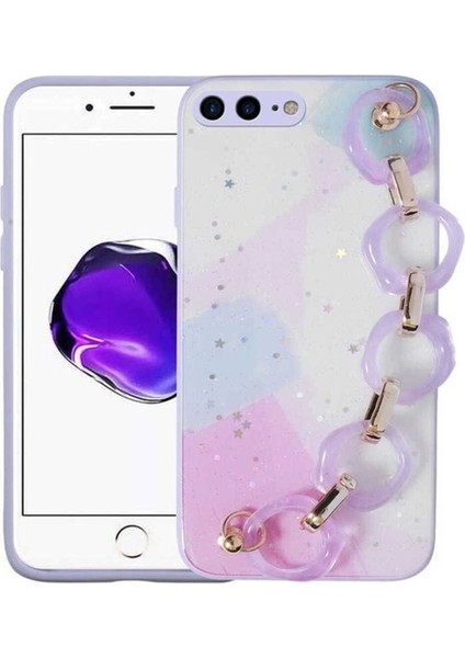 Apple iPhone 8 Plus Uyumlu Kılıf Simli Desenli El Askılı Tutacaklı Zore Elsa Silikon Kapak, Lila