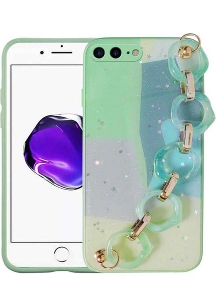 Apple iPhone 8 Plus Uyumlu Kılıf Simli Desenli El Askılı Tutacaklı Zore Elsa Silikon Kapak, Yeşil