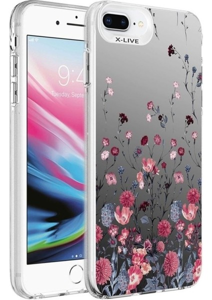 Apple iPhone 8 Plus Uyumlu Kılıf Desenli Zore Silver Sert Kapak, Çiçek