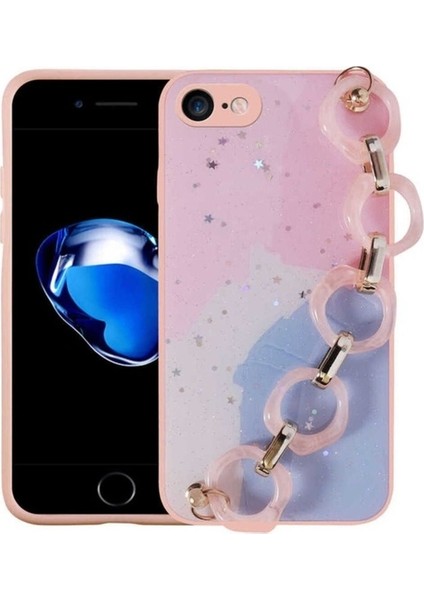 Apple iPhone 8 Uyumlu Kılıf Simli Desenli El Askılı Tutacaklı Zore Elsa Silikon Kapak, Pembe