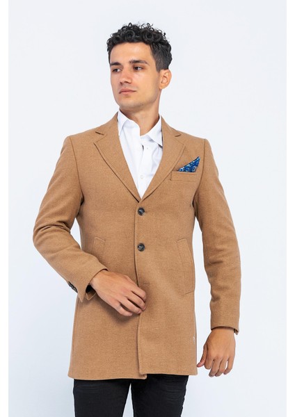 Erkek Cekmon Camel Yünlü Içi Astarlı Kaban Spor Uzun Blazer Ceket